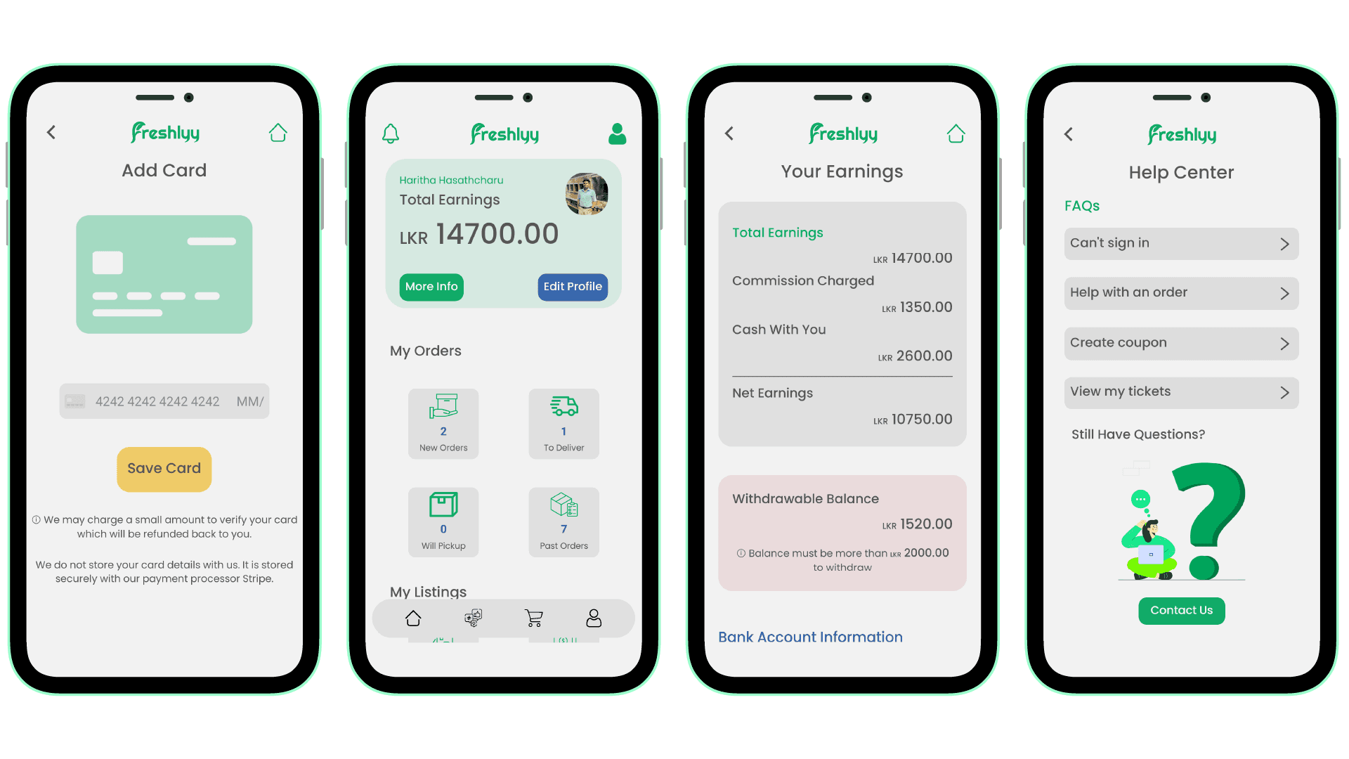 Adding Card Page, Farmer Dashboard Page*, Farmer Earnings Page, and Help Center Page*