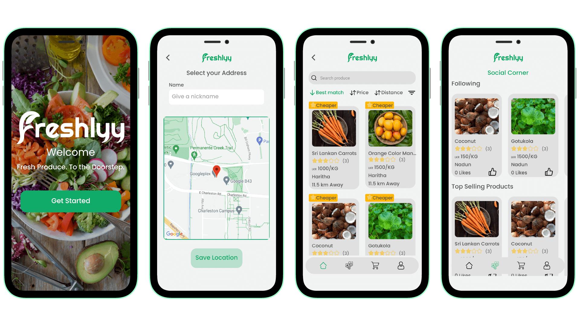 Starting Page, Location Choosing Page*, Product Page*, and Social Corner*