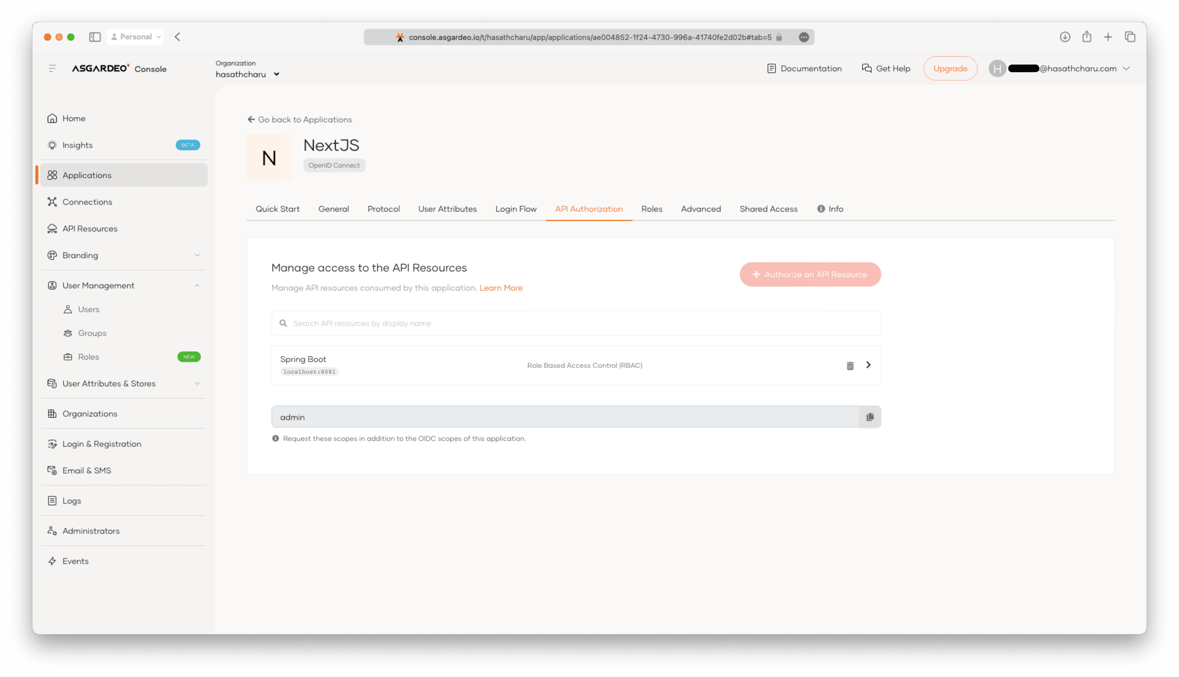 Authorizing an API resource