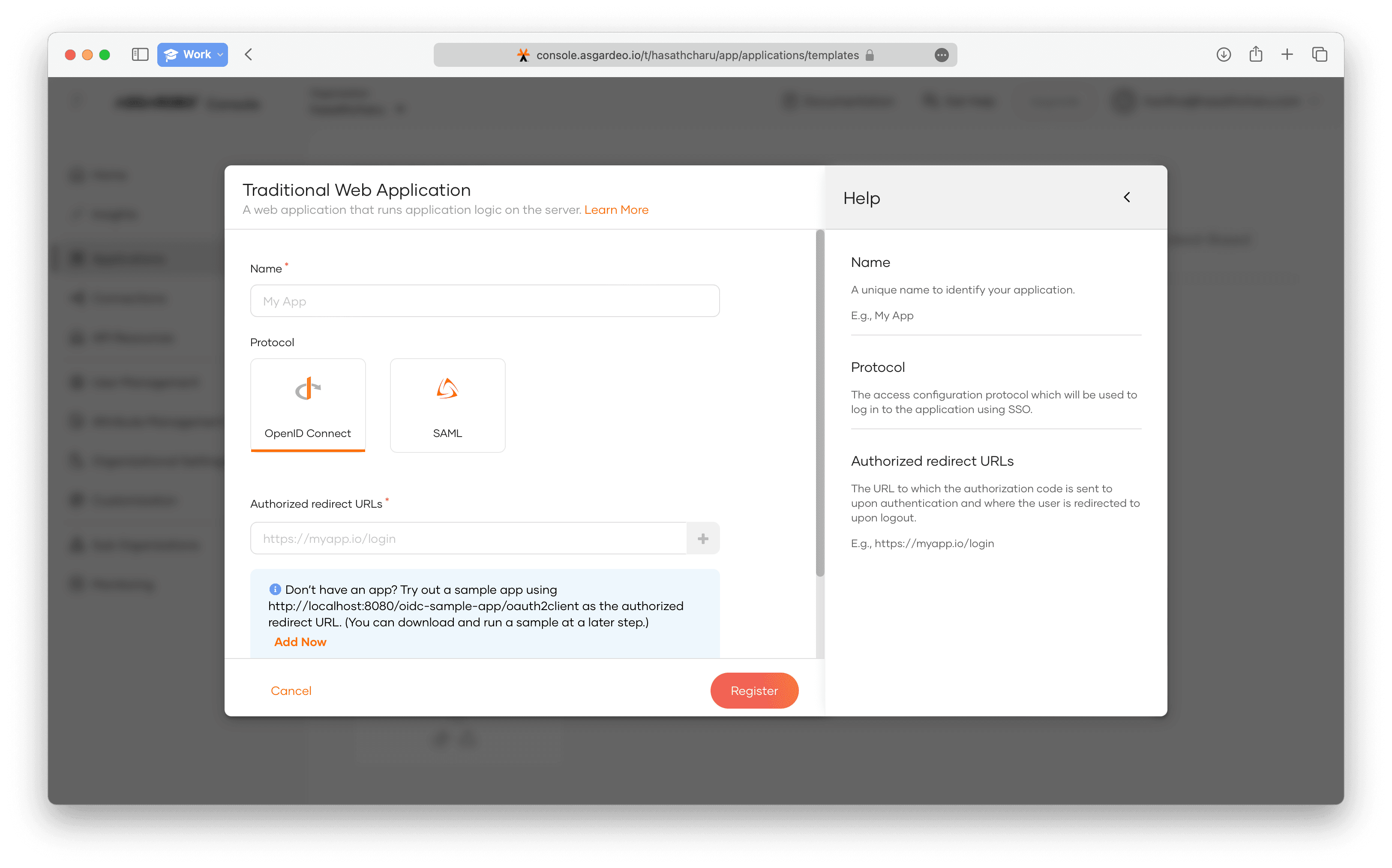 Registering a new application