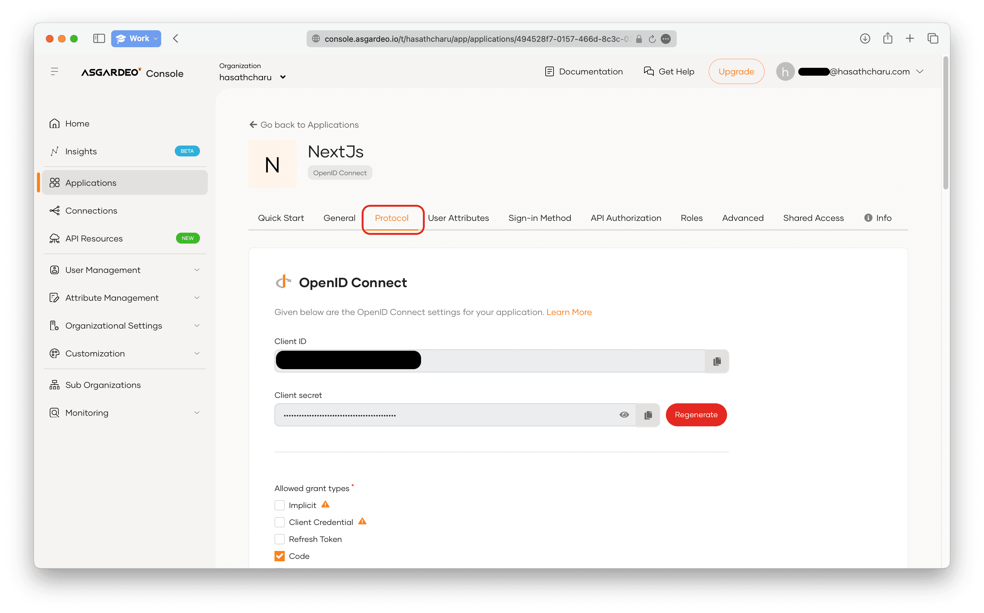 Protocol Tab of the Application